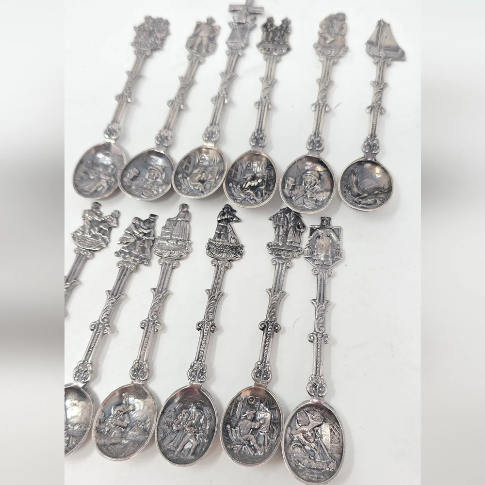 Vtg Holland Dutch demitasse mini spoons stamped novelty ornate figural set of 12